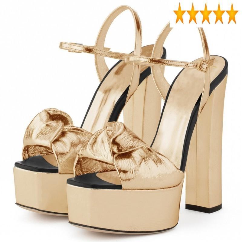 

Women Platform Patent Knotted Leather Sandals Gold Sliver Supper High Heels Dress Party Lady Chunky Heel Summer Shoes
