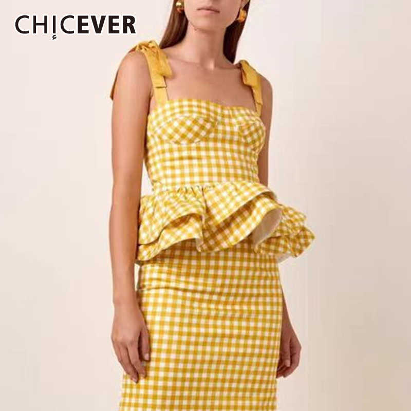 

CHICEVER Print Elegant Vest For Women Sling Bowknot Square Sleeveless Ruffle Hem Patchwork Kawaii Vests Female Fashion 210616