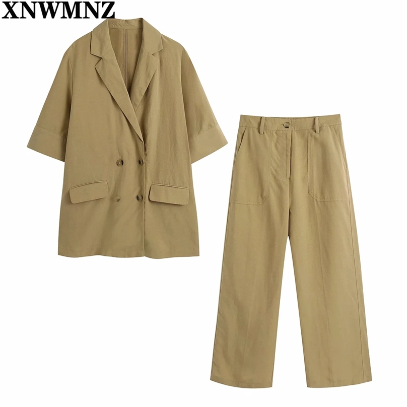 

Women Fashion double-breasted linen blend blazer Coat Female Vintage lapel collar short sleeves pockets Casual Chic Tops 210520, Picture color