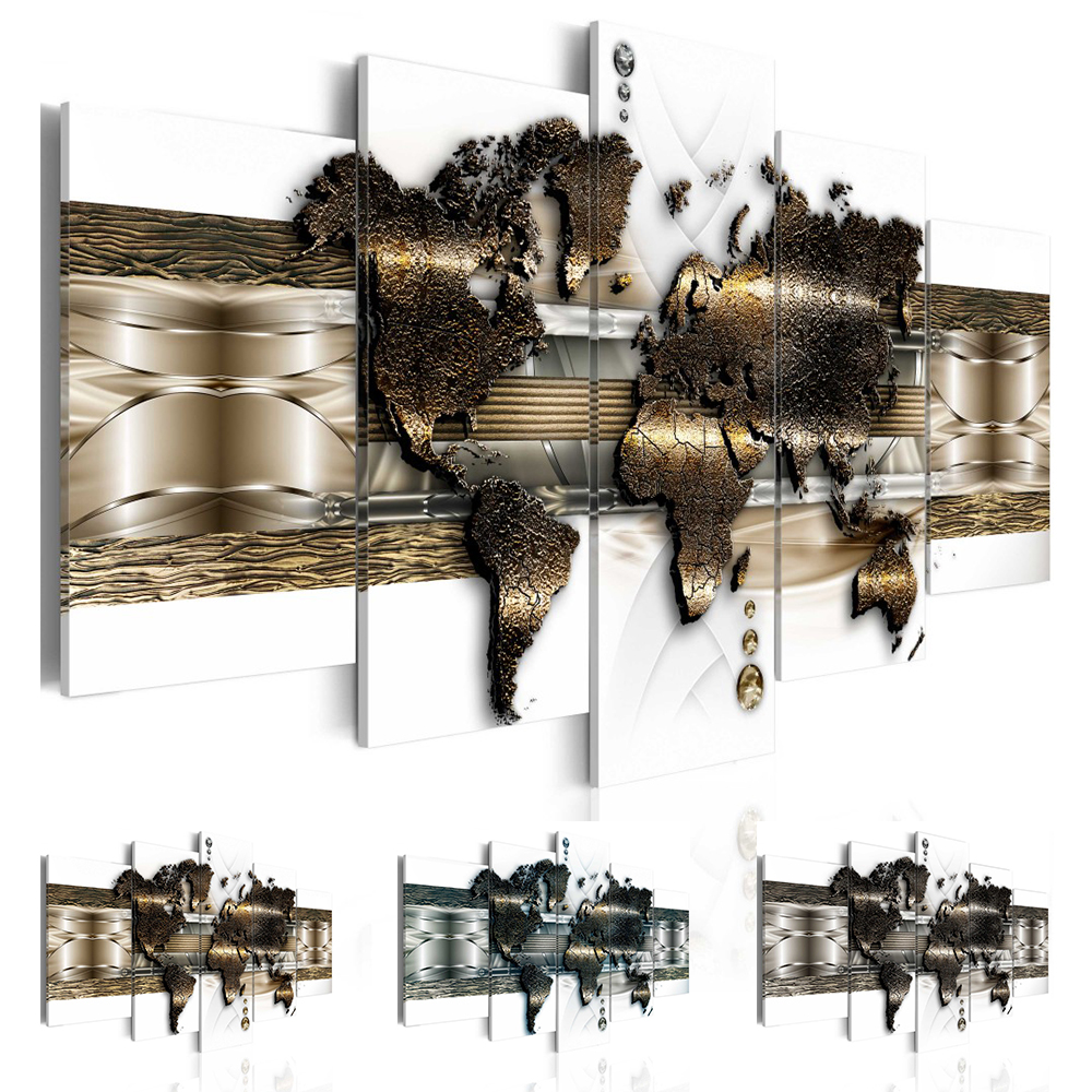 

Fashion Wall Art Canvas Painting 5 Pieces Gold Blue Grey Abstract Metal Map Modern Home Decoration, No Frame