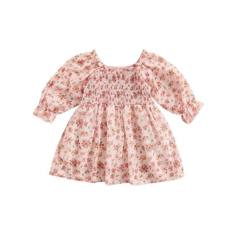 

Girl's Dresses Baby Girl Long Sleeve Dress, Floral Printed Round Neck Pleated Sweet Style Casual Clothes, Pink, Red;yellow