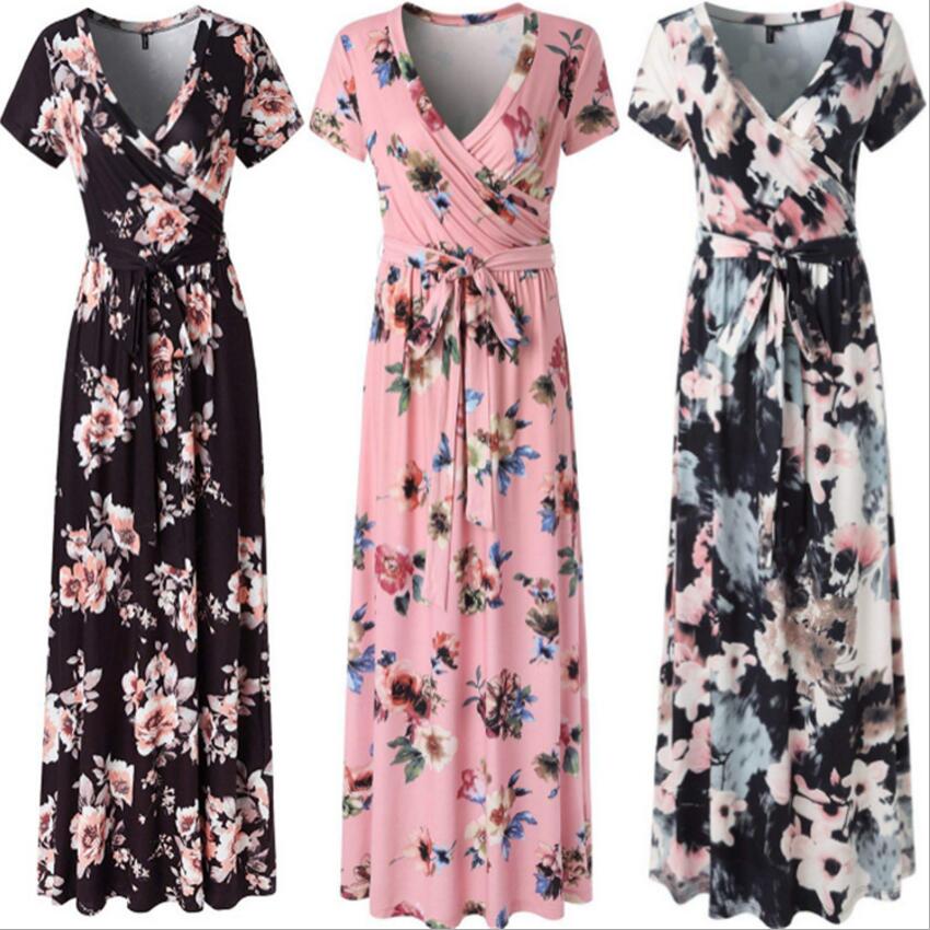 

3XL Elegant Women Robe Summer 2021 Short Sleeve V-neck Sashes Printed Sexy Dress Plus Size Beach Boho Dress Long Vestidos, 03-9001-2