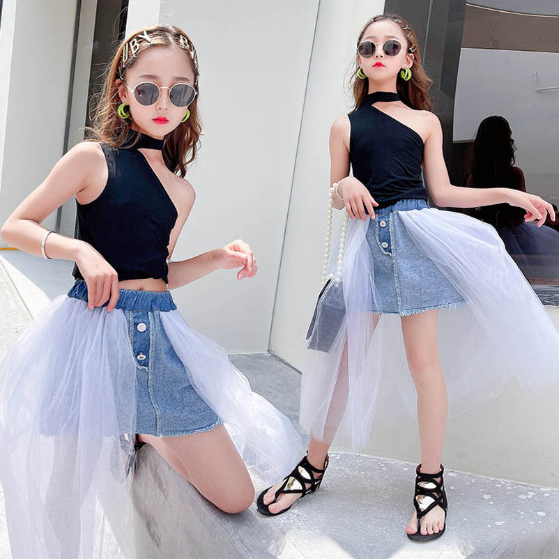 

Kids Clothing Sets Girls Outfits Children Clothes Child Suits Summer Cotton Short Sleeve T-shirts Lace Tutu Skirt Princess Suit 2Pcs B6856, Black