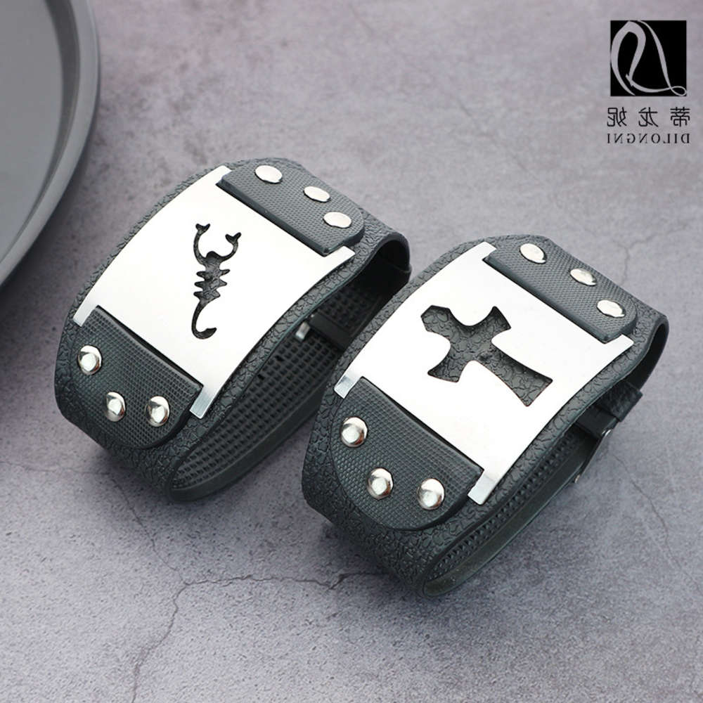 

Hand catenary Fashion punk style Christ Cross Bracelet PVC material personality simple stainless steel men's bracelet factory, Golden;silver