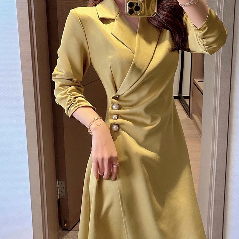 

Casual Dresses Elegant Midi Dress Suits Women Summer 2021 Slim Korean Fashion One-piece Solid Satin Vintage Designer Chic Clothing, Lemon yellow
