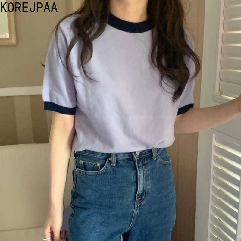 

Korejpaa Women T-Shirt Summer Korea Chic All-Match Age-Reducing Contrast Color Edging Design Short-Sleeved Knitted Pullover 210526, Green