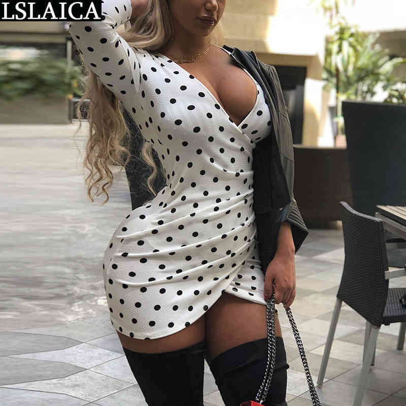 

Fashion Sexy Dress Dot Printed Long Sleeve Dresses Women Skinny Evening Night Club Party V Neck Mini Vestidos Cortos 210520, White