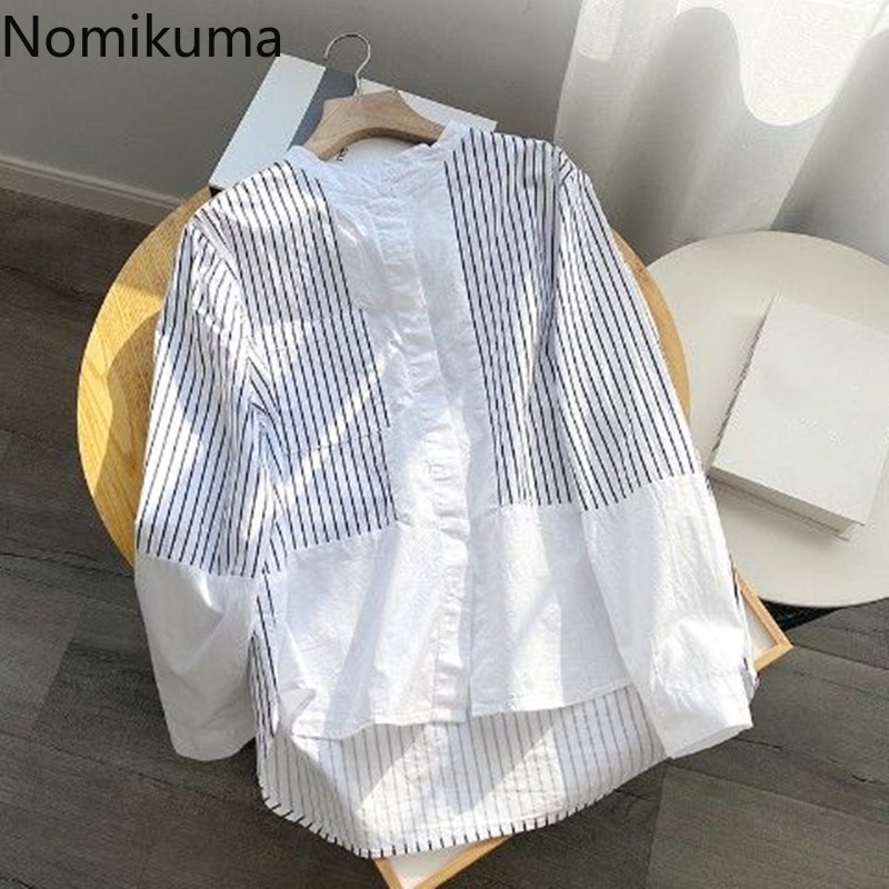 Nomikuma Korean Stripe Patchwork Women Shirts Blouses Causal Long Sleeve Loose Tops New Femme Blusas Camisas Mujer 6G465 210427