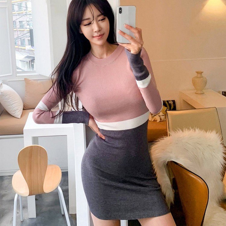 

Autumn woman's sexy sweater dress women above knee Long sleeve Hit color knit sheath Mini dress female 210518, Photo color
