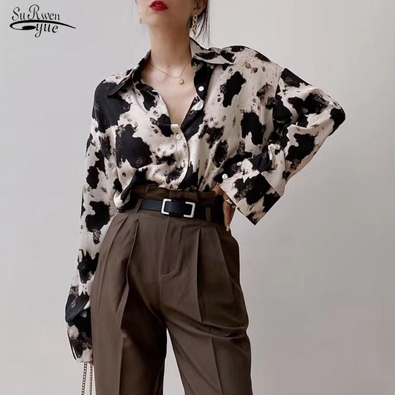 

Cow Print Button Up Shirts Women Long Sleeve Blouse Korean Spring Clothes Chiffon Streetwear Plus Size Tops Blusas13486 210521, Black