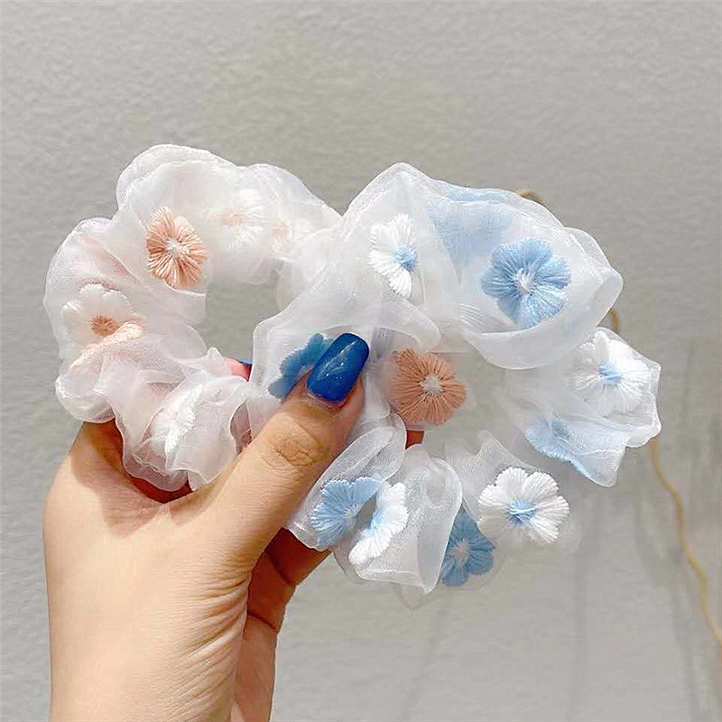 

Romantic Pink Blue ~ Sweet Embroidered Flower Hair Ring Organza Large Intestine Rope Ins Net Yarn Head Girl Hair Accessories