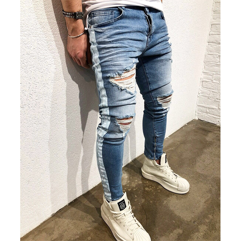 

Men's Frayed Slim Jeans Men's Ripped Zipper Pants, Blue