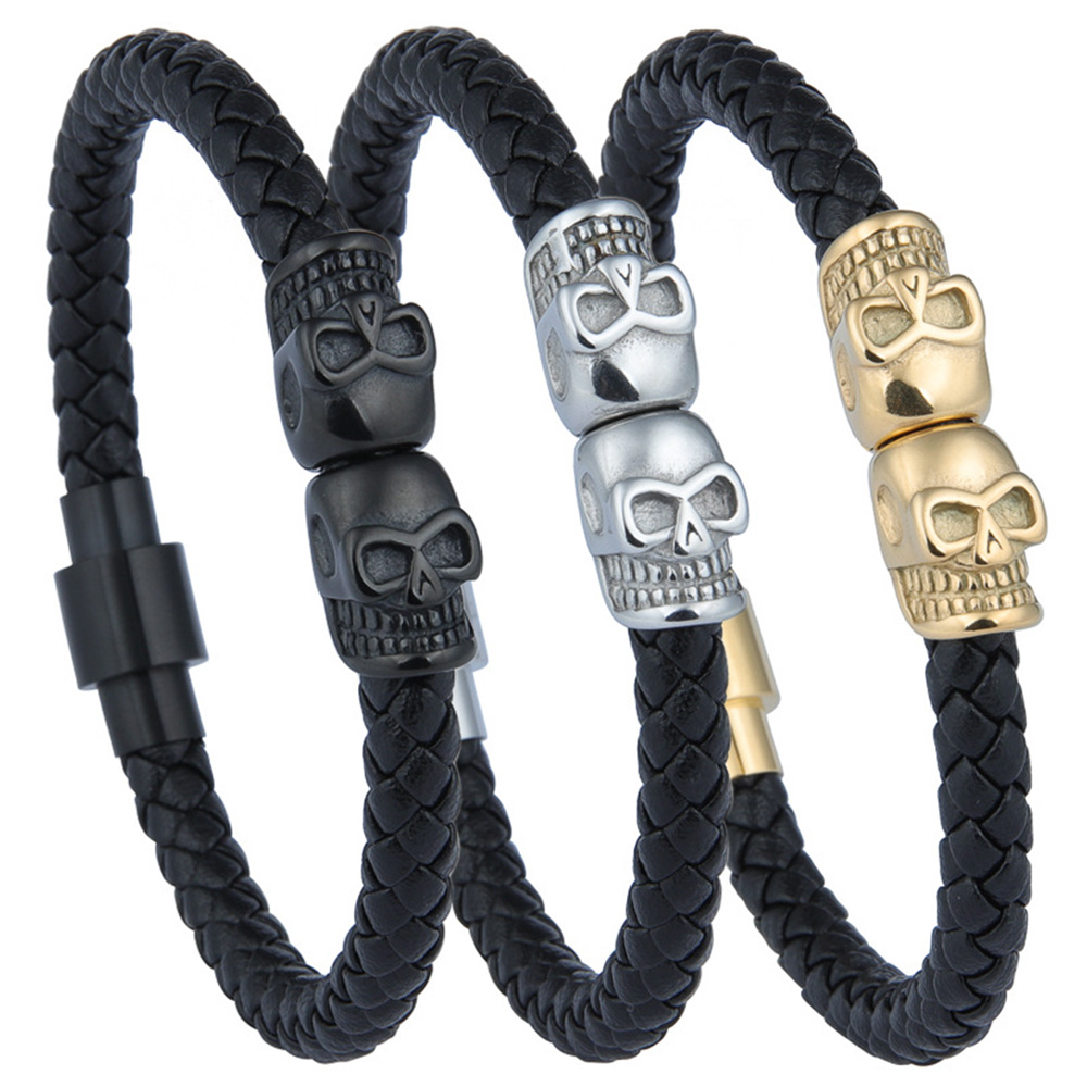 

Men's Stainless Steel Leather Charm Bracelet Braided Cuff Skulls Punk Magnetic Clasp Wristband 20.5cm/22cm