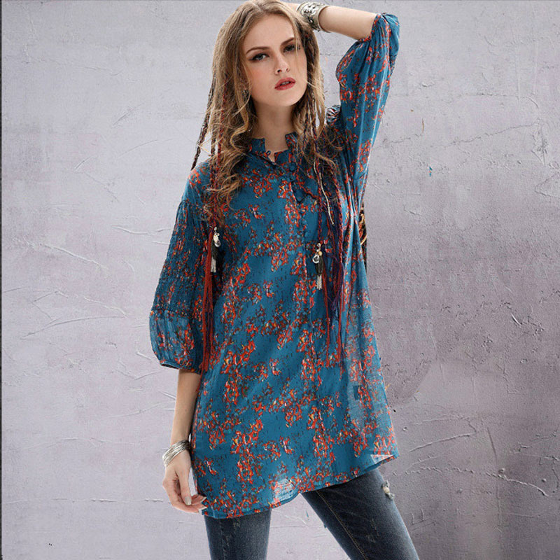 

Johnature Spring Loose Retro Floral Print Stand Half Sleeve Single Breasted Shirt Leisure All-match Women Tops Shirts 210521, Blue