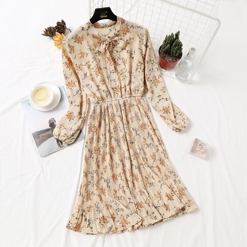 

Casual Dresses Women Floral Printed Fashion Sexy Dress Spring Autumn Long Sleeve A-line Female Slim Pleated Chiffon, 12