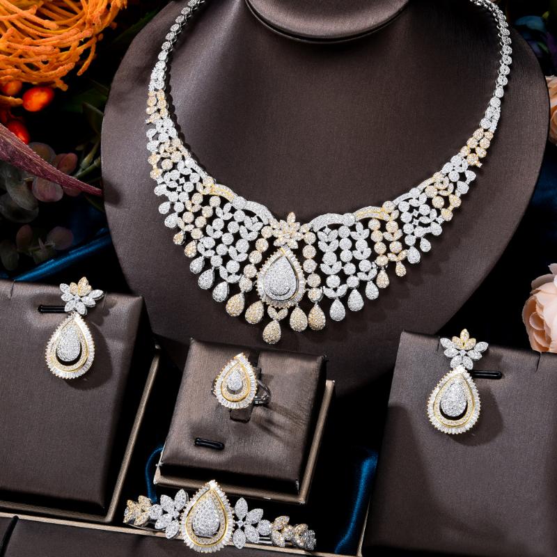 

Earrings & Necklace Soramoore Luxury 4PCS Trendy Shiny Charm African Jewelry Sets For Women Bridal Wedding Cubic Zirconia Dubai Set, Silver