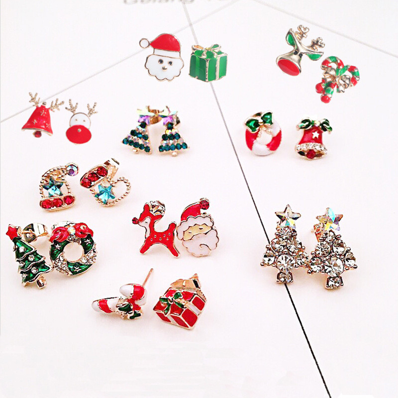 

European Christmas Elk Snowman Stud Earrings Tree Bell Heart Diamond Ear Nail Women Festival Gift Star Alloy Earring Jewelry Accessories Wholesale