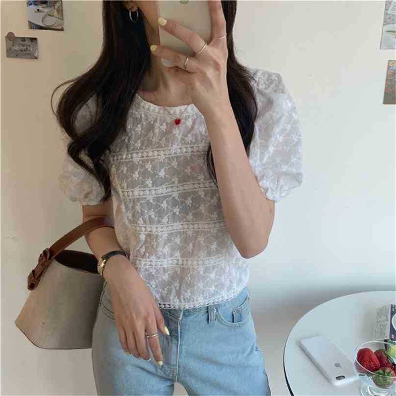 

Chic Casual Solid Square Collar Tops Loose Femme Summer Short Tee Puff Sleeves All Match Sweet T-shirts 210525, White