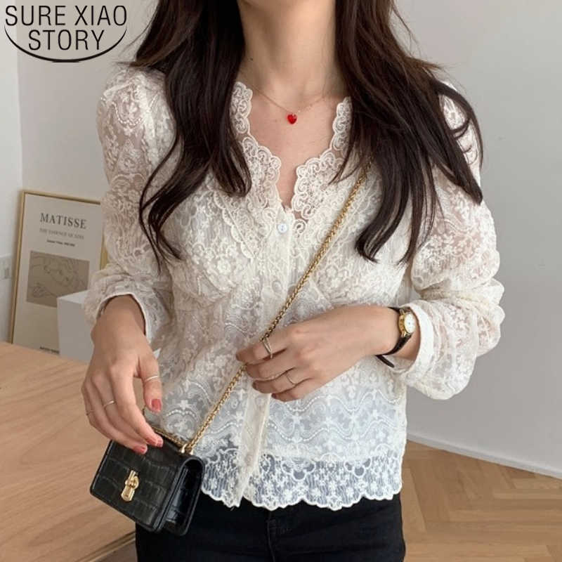 

Thin Lace Shirt Korean Chic Long Sleeve Tops Women Lace Blouse Blusas Mujer De Moda Verano Autumn V-neck Clothes 14683 210527, Apricot