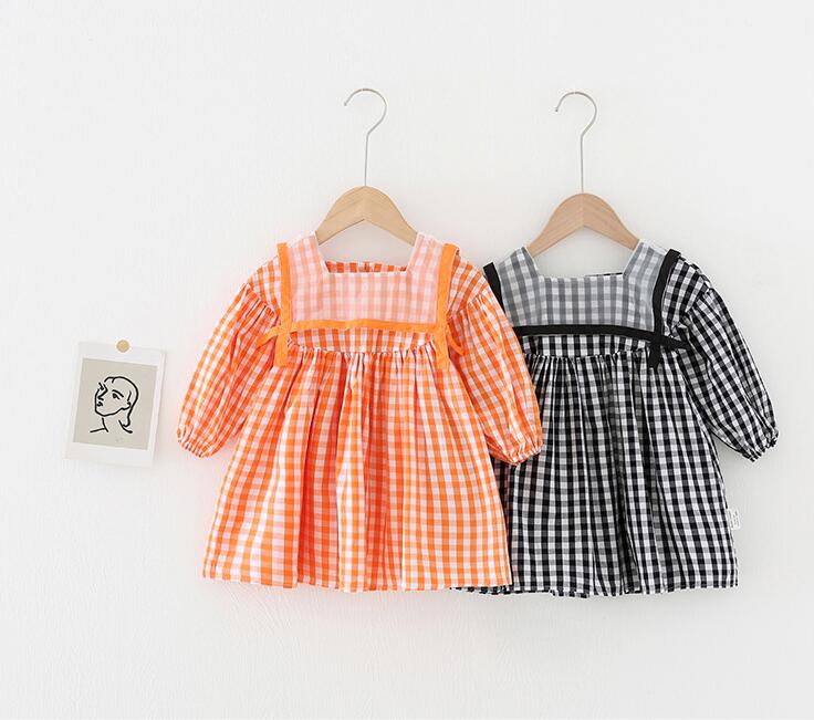 

INS Baby girl Clothes Dresses Spring Fall kids Plaid Print Big Turn Down Collar Long Sleeve Child Elegant Princess dress, Red;yellow