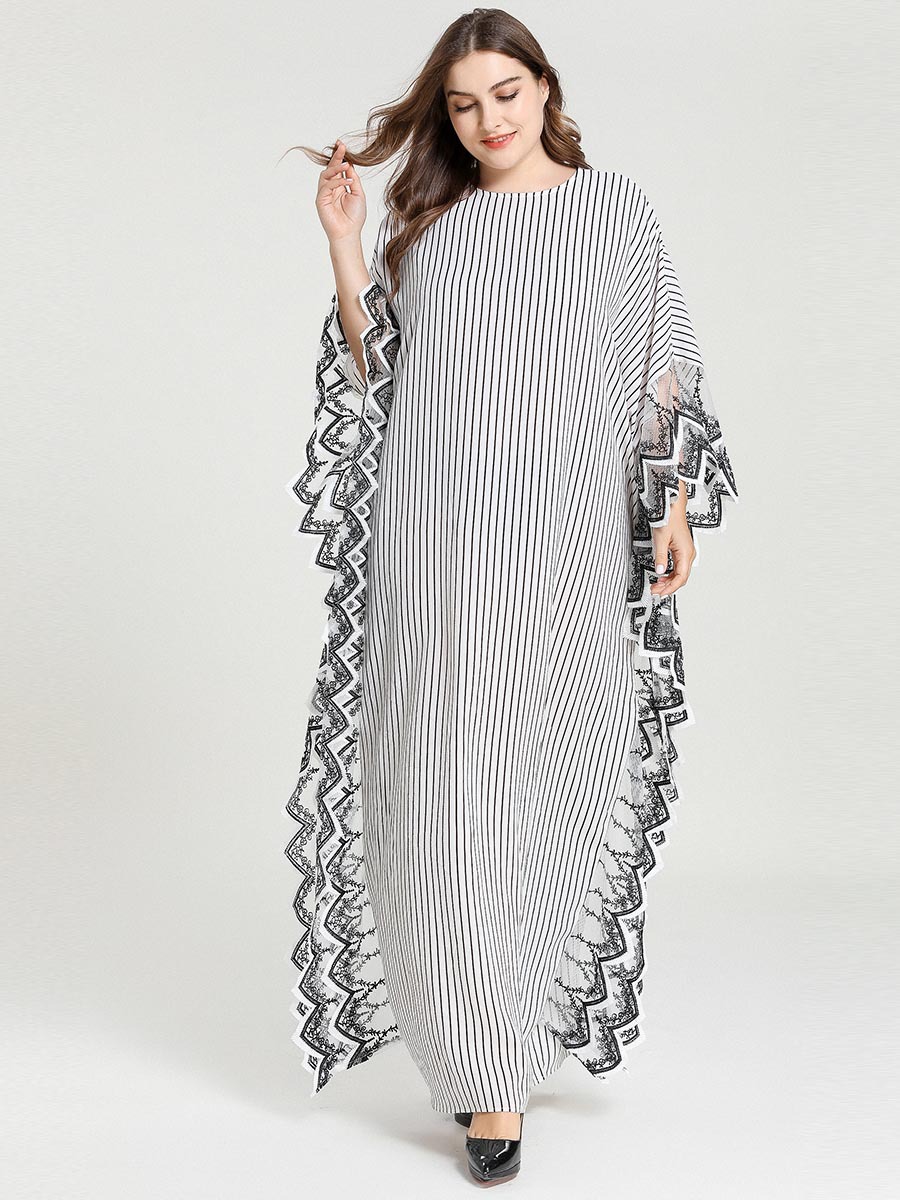 

Kalenmos Ramadan Arab Muslim Abaya Dress Women Loose Stripe Batwing Sleeve Hijab Robe Lace Stitch Burka Jilbab Islamic Clothing