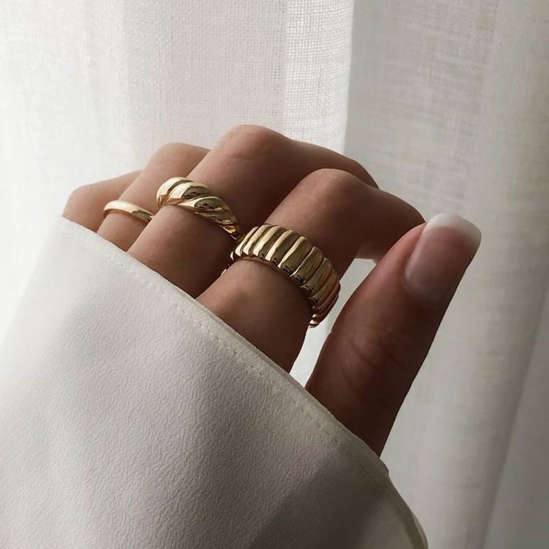 

Cluster Rings Titanium With 18 K Gold Wave Band Statement Ring Women Jewlery Designer T Show Club Cocktail Party Rare Elegance Japan Korean