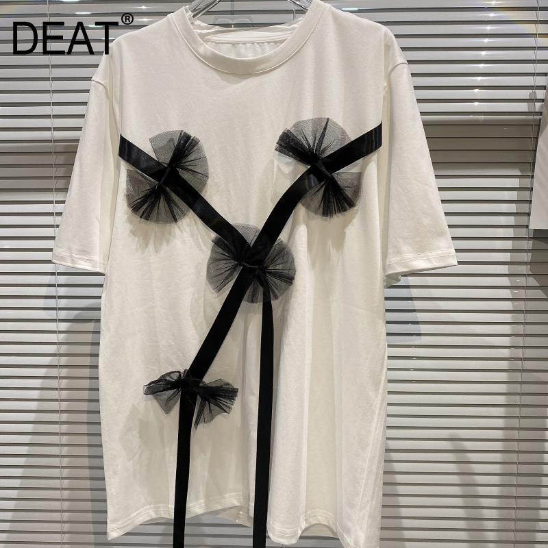

Women Black Bow Mesh Big Size T-shirt Solid Color Round Neck Short Sleeve Fashion Personality Spring Summer 11D497 210525, White