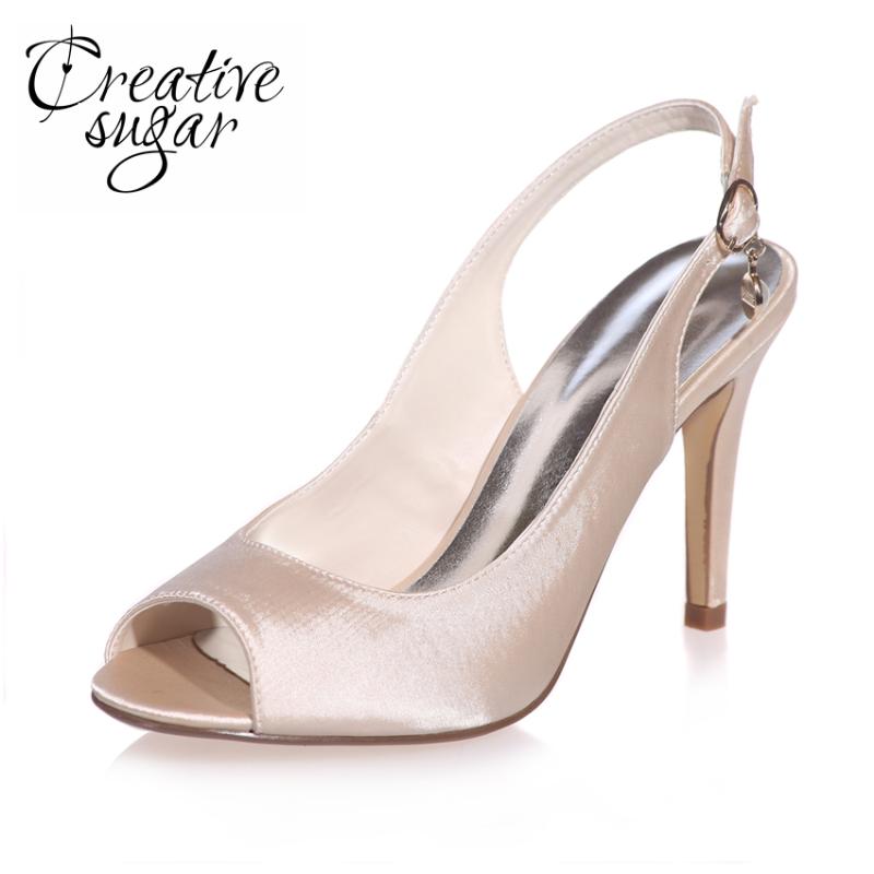 

Creativesugar Concise Slingback Open Toe Woman Satin Dress Shoes Bridal Wedding Party Banquet High Heels White Ivory Silver Blue, Black