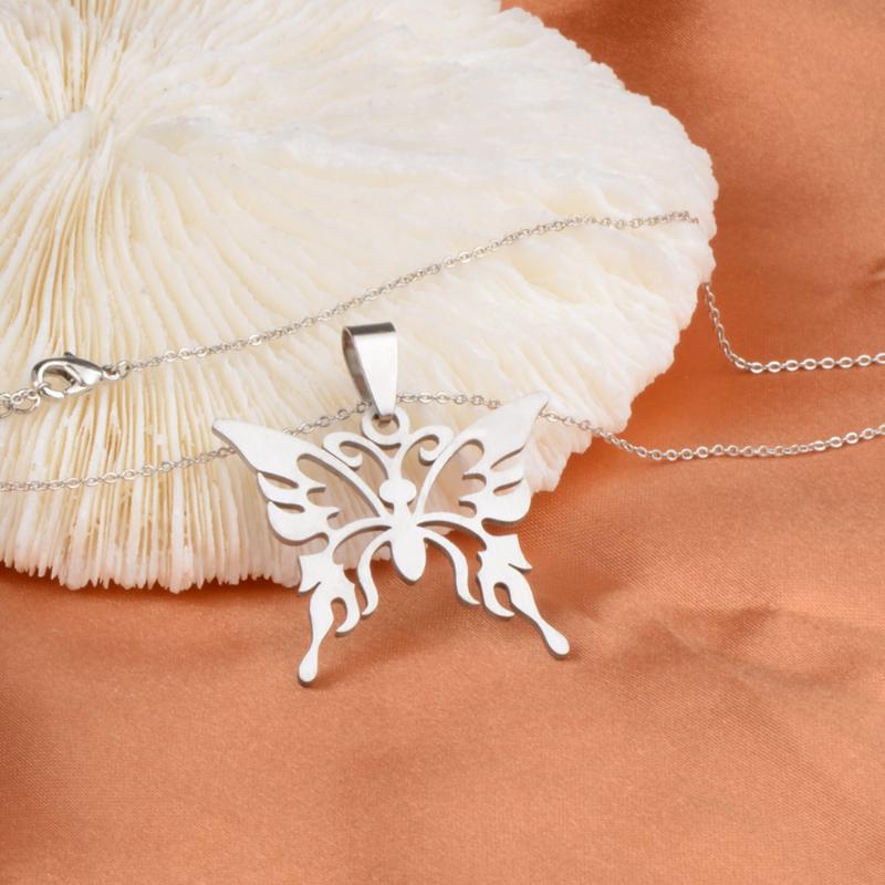 

Chains Fashion Butterfly Pendant Stainless Steel Necklace Goth Charm Sliver Chain For Men Women Punk Party Jewelry, Silver