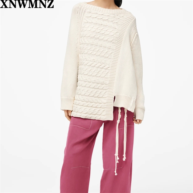

women Knit sweater featuring a round neck long sleeves cable-knit detail and asymmetric hem Female Outerwear Chic Tops 210520, Beige