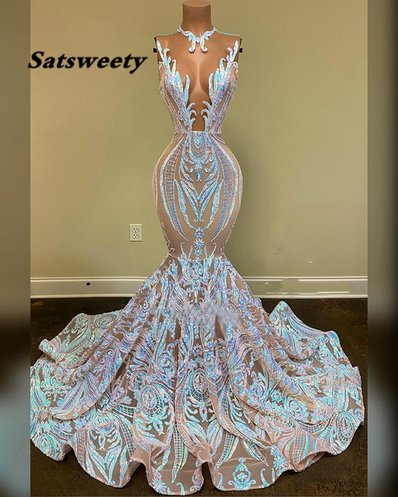

Long Sexy Prom Dresses Mermaid Sheer O-neck Black Girl African Sequin Gala Party Dress, Silver