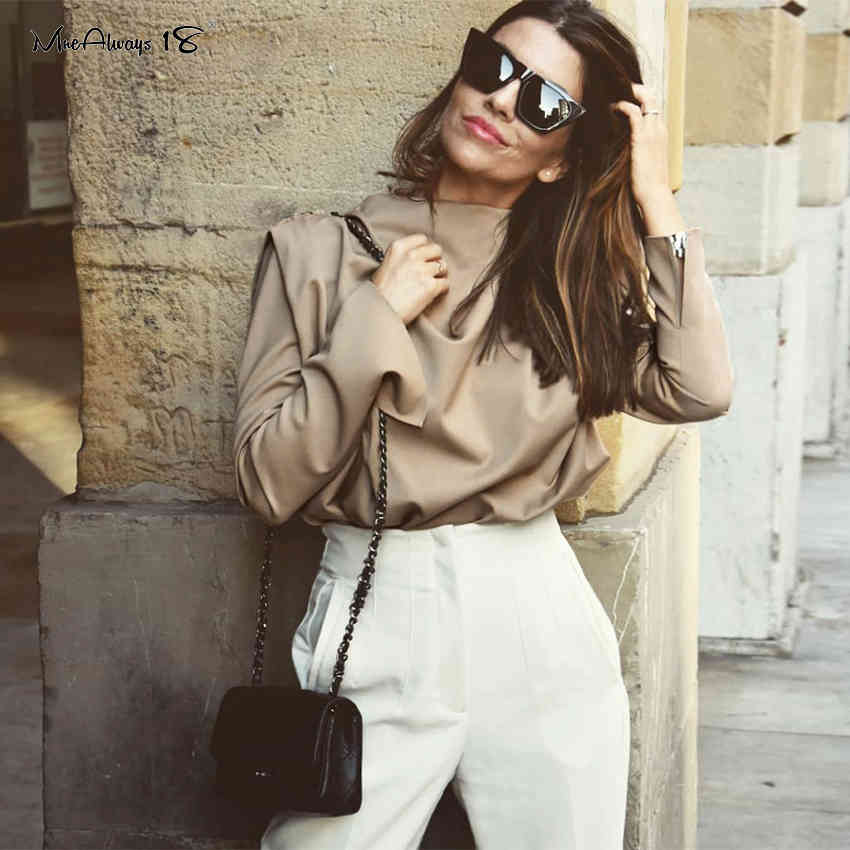 

Mnealways18 Draped Solid Khaki Tops And Blouses Spring Elegant Office Blouse Women Ruched Work Top Long Sleeve Ladies Shirt 2021, White