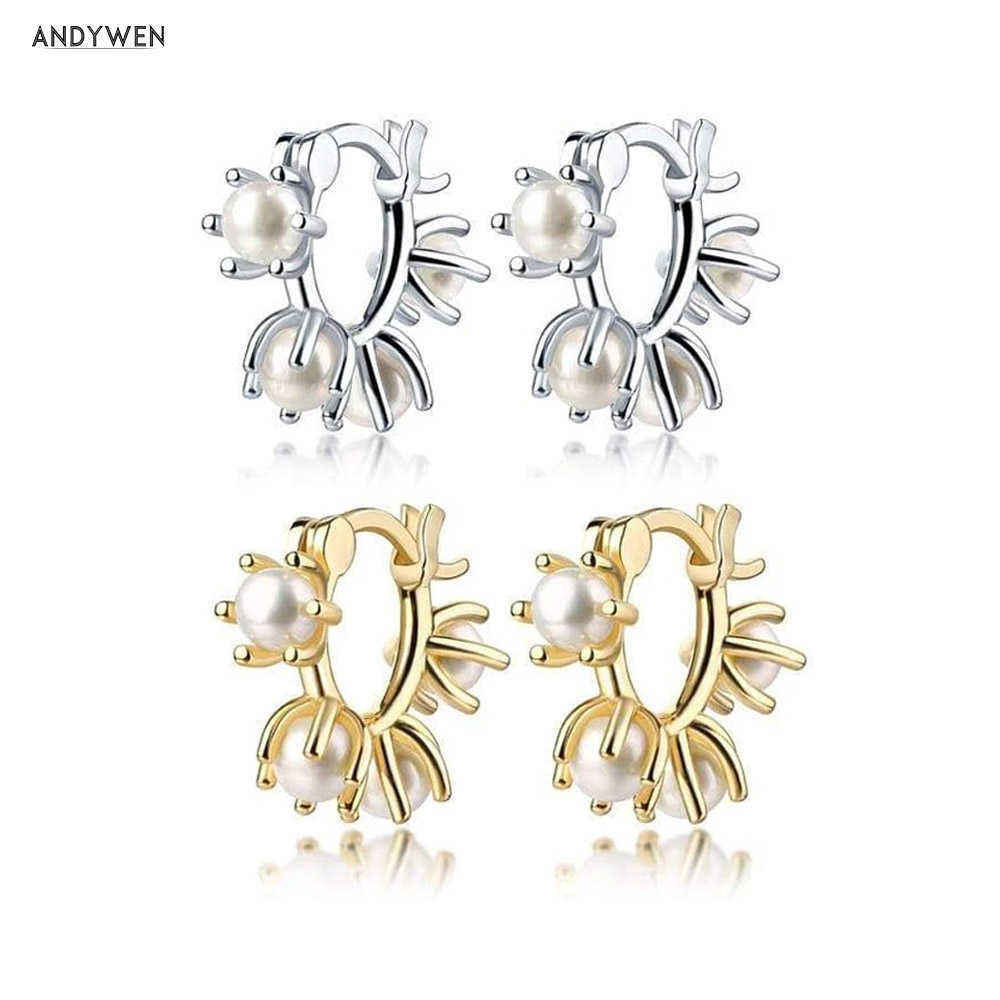 

ANDYWEN 925 Sterling Silver Gold Pearl Pendiente Hoops Earring Circle Round Zircon Natural Fashion Rock Punk Jewels 210608