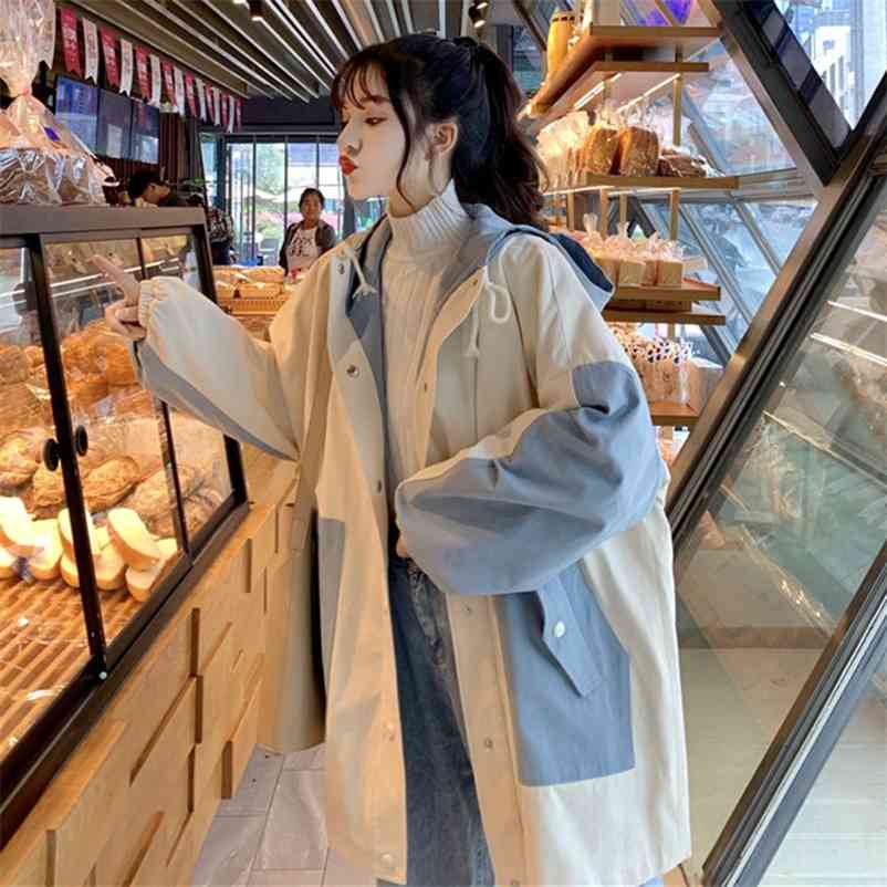 

Korean Student Tooling Coat Women's Spring All-around Loose Long Sleeve Medium Hooded Jacket Top 210519, White