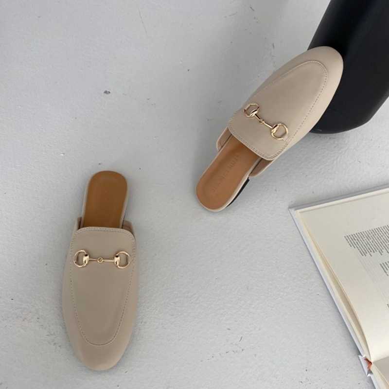 

Slippers Ladies Spring Fashion Half Horsebit Soft Leather Pointed Flat Mules Metal Decorative Sandals And, Brown