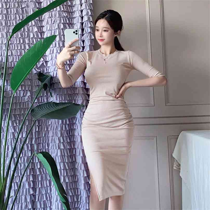 

pencil Dress for women summer Blue half Sleeve Crew neck cotton Sexy Ladies Office split Hip 210602, Apricot