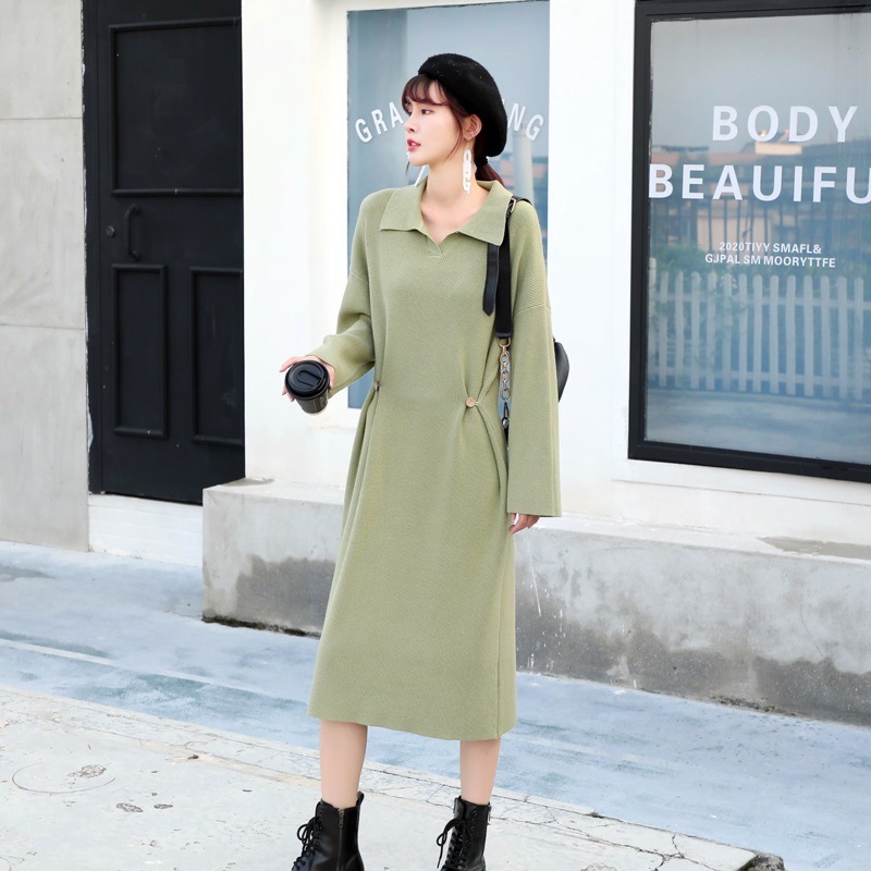 

Autumn Net Red Long Dress Casual Oversized Sweater Temperament Button Knit Polo Collar Sleeve Over the Knee 210520, Beige