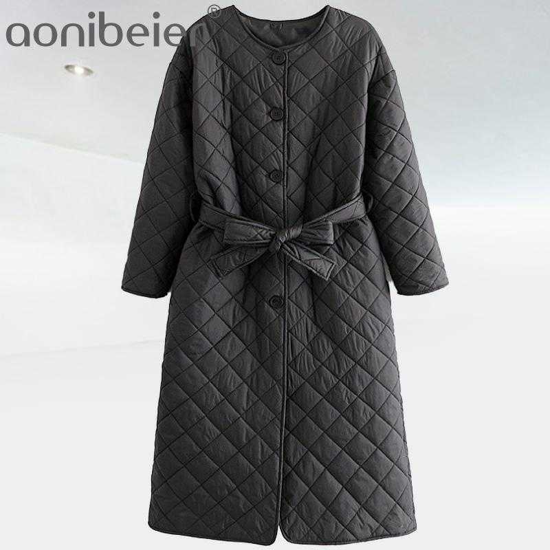 

Women Cotton Coats Sashes Warm Parka Streetwear Loose Singled Breasted Jacket Mid Long Ladies Autumn Winter Office 210604, Khaki