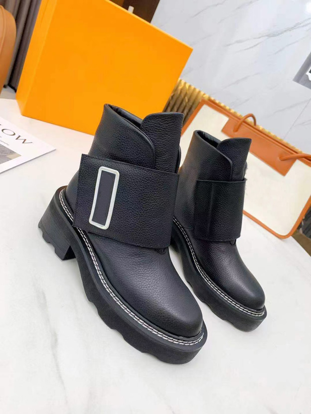 

High quality women's leather Velcro boots belt buckle ankle boo ts factory direct sales women thick heel round head size 35-42, Black
