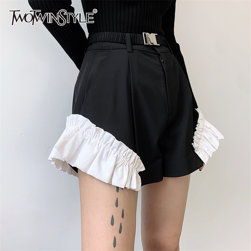 

Casual Patchwork Hit Color Short For Women High Waist Sashes Loose Female Fashion Clothing Summer Stylish 210521, Black