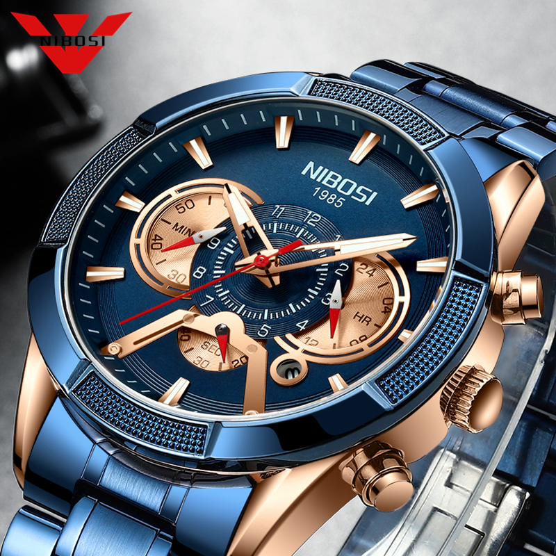 

NIBOSI 2021 Mens Watches Blue Men Watch Top Luxury Brand Sport Chronograph Quartz Wristwatch Date Waterproof Relogio Masculinog
