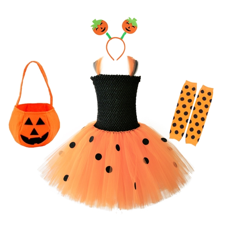 

Girls' Halloween Pumpkin skirt suit 2021 children's dress little girl puffy Tutu Dress, Suit: pumpkin bag + sock + headband +