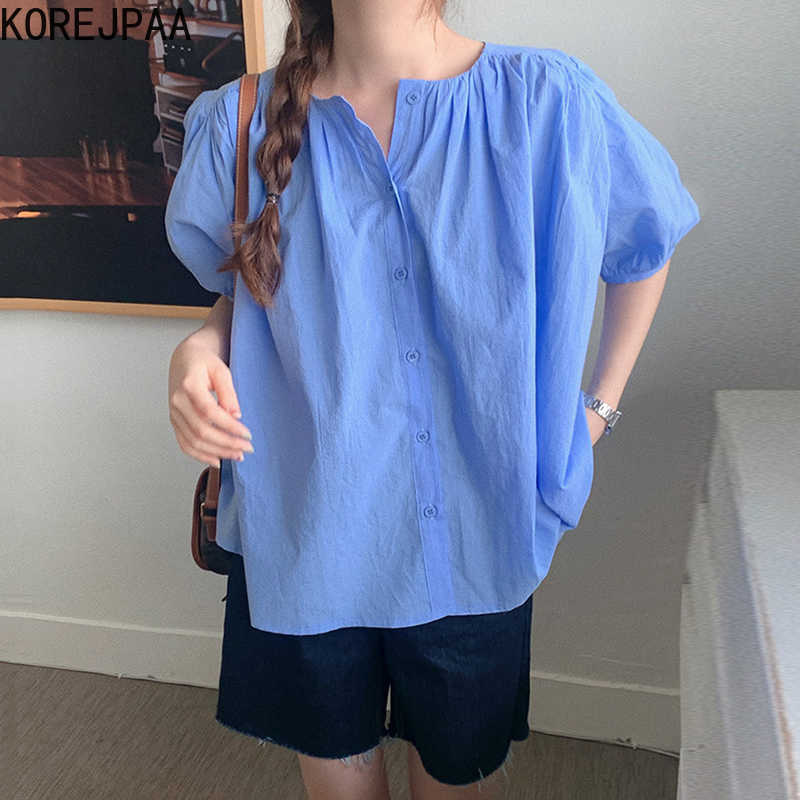

Korejpaa Women Sets Summer Korean Chic Small All-Match Round Neck Loose Puff Sleeve Shirt High-Waist Straight-Leg Jeans 210526