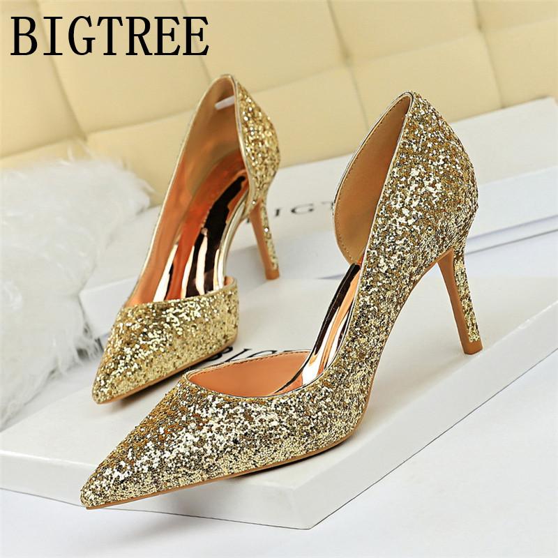 

Wonen Pumps Fashion Office Shoes Side Space Sequined Cloth Pointed Toe Thin Heels 8CM High Women's Wedding Dress, Black