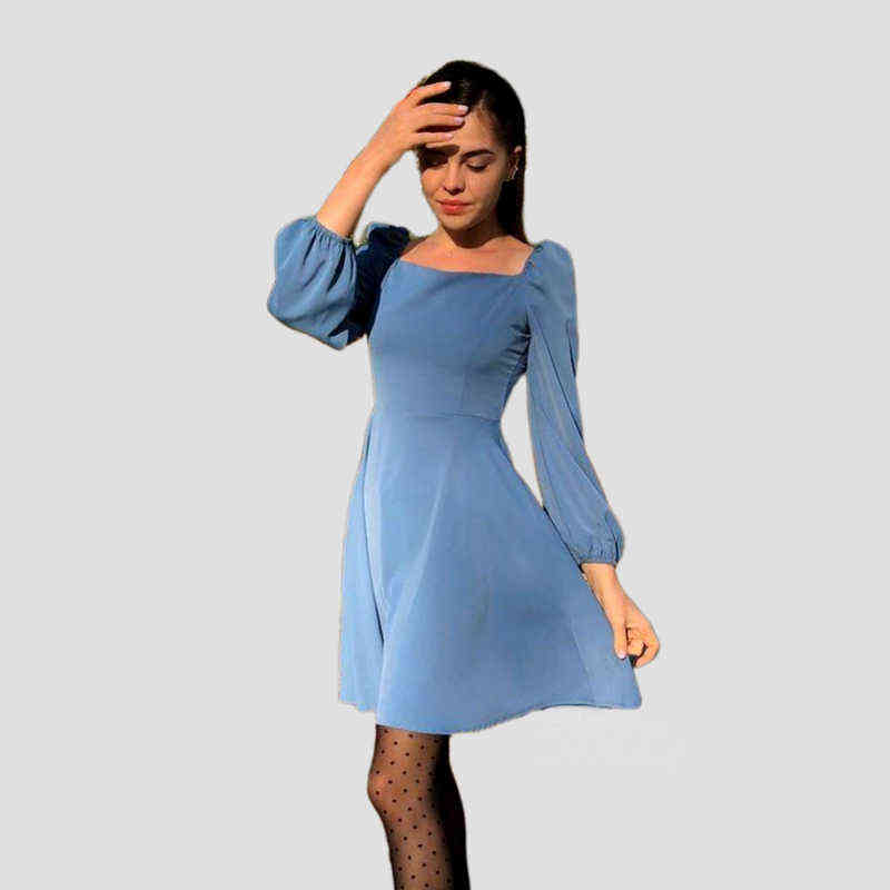 

CHURSES Solid Casual Spring Mini Dress Puff Sleeve Square Neck Elegant Slim Party Dress Ladies Vintage A Line Women Dresses 2022 G1223, Blcak
