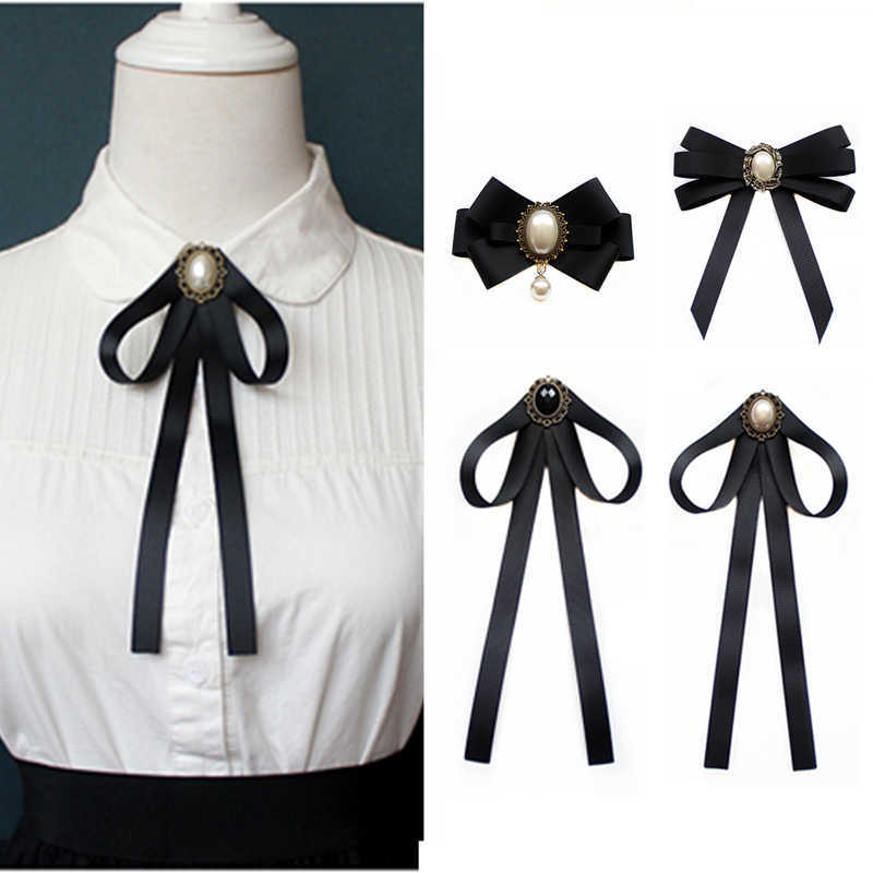 

Handmade Lace Ribbon Pearl Black Bow Tie Brooches for Women Unisex Shirt Bowtie Collar Pin Ladies Suit Clothing Accessories H1018