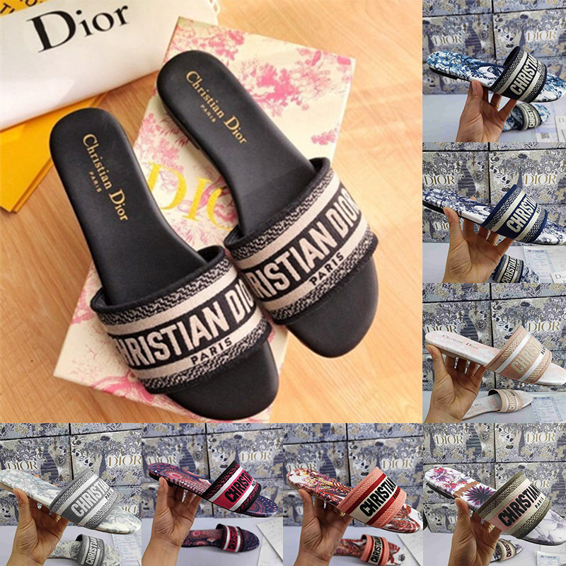 

DIOR Women Sandals Slippers Embroidery Designers Slides Sandal Flip Flops Striped Beach Leather Rubber Flower Slipper Loafers With Box Christianes Sliders 35-41