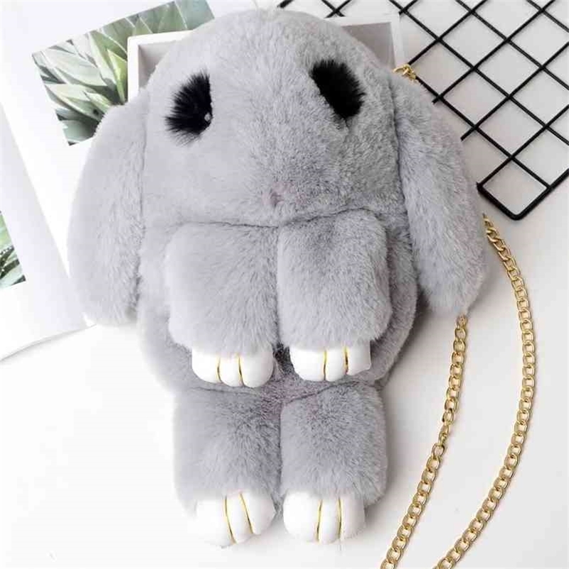 

Fluffy Bunny Shoulder Plush Backpack Cute Fluffy Rabbit Fur Pompoms Chain Bag Women Cartoon Rabbit Sling Bag 210331
