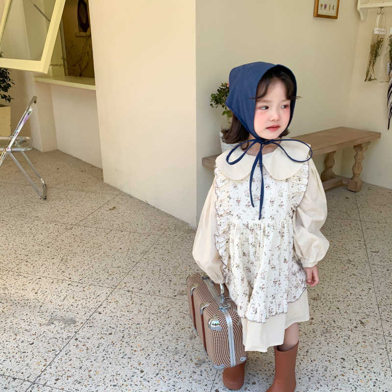 

Korean style girls patchwork floral dress spring autumn baby kids cute long sleeve princess dresses 1-5Y 210615, Beige