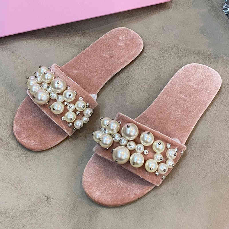 

70% Off Wholesale Flip-Flops Summer Pink Luxury Velvet Women's Slippers Open Toe Pearl Rhinestone Flower Decor Flat Lady Sandals Fashion Home Female, Black